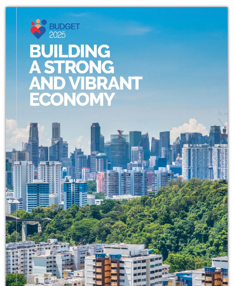Cover of Budget 2025 booklet showing city skyline and HDB blocks.